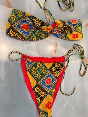 Women's Patterned Bandeau Tie Bikini Set in Red, Blue & Green